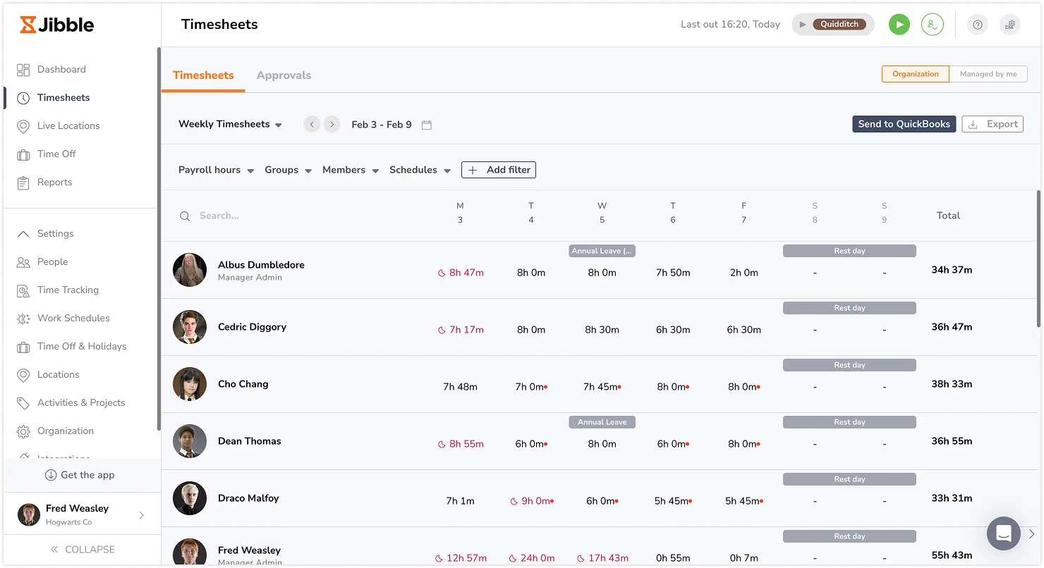 Live timesheets of an employee time tracking app